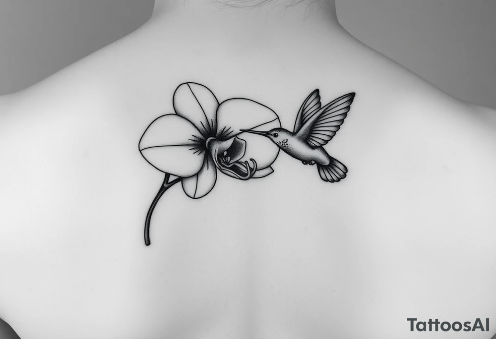 A delicate, black and white fine-line tattoo for make, featuring a gracefully detailed orchid in full bloom (stem and at least 2 flowers), with soft, intricate petals and elegant curves. Beside it, a hummingbird hovers mid-flight, its wings drawn with subtle motion lines, its slender beak reaching toward the orchid’s center to drink its nectar. The design captures a sense of balance and harmony, with the contrast between the stillness of the flower and the gentle energy of the bird. Perfectly suited for the upper arm, this piece combines nature’s beauty and movement in a timeless, minimalist style tattoo idea