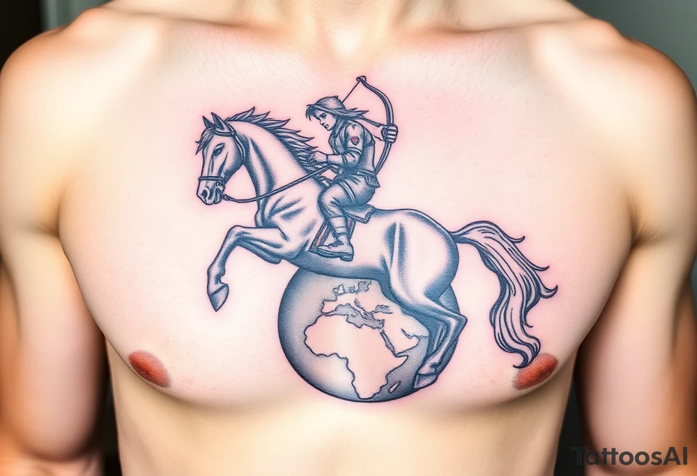 half-man, half-horse with bow hovering over the world tattoo idea