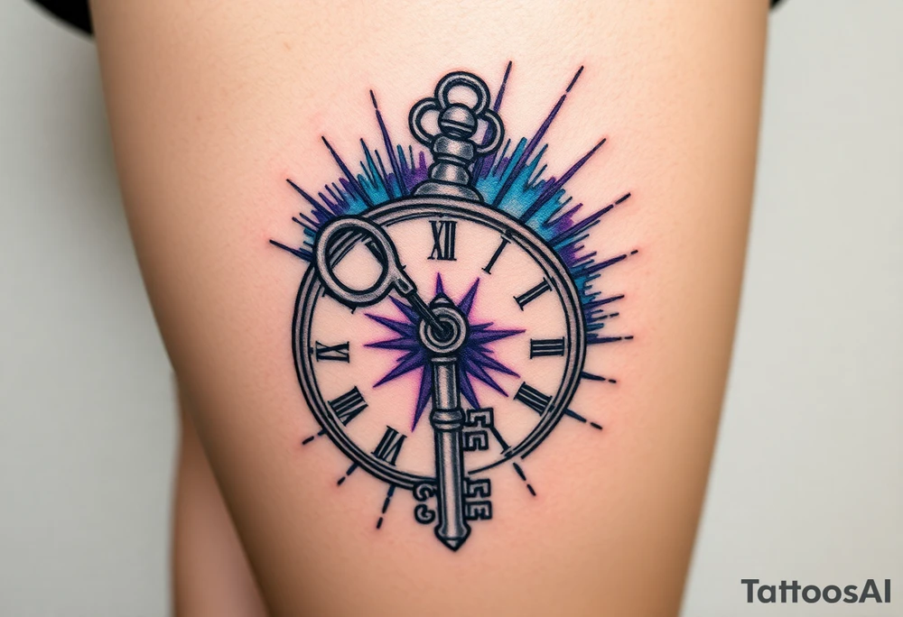 A skeleton key inserted into an antique clock, unlocking a burst of blue and purple tattoo idea