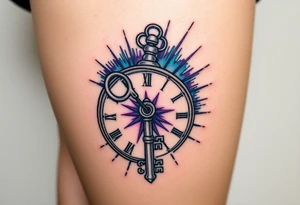 A skeleton key inserted into an antique clock, unlocking a burst of blue and purple tattoo idea