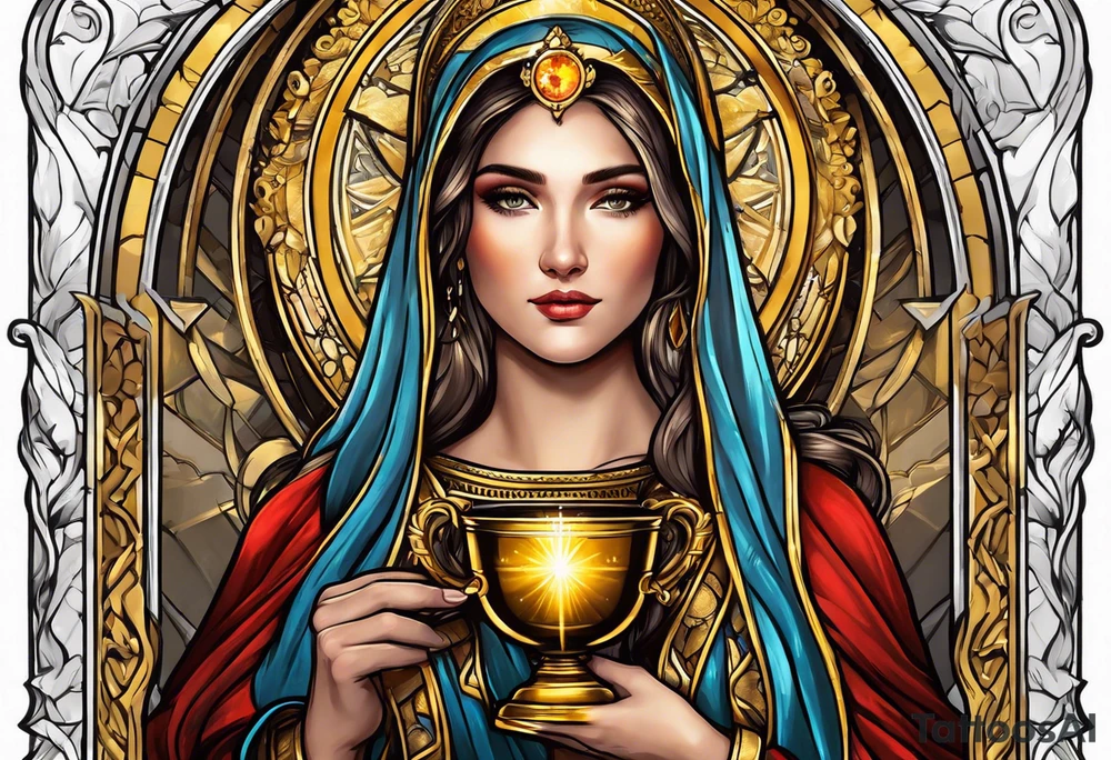 woman saint holding chalice surrounded by golden halo portrait tattoo idea