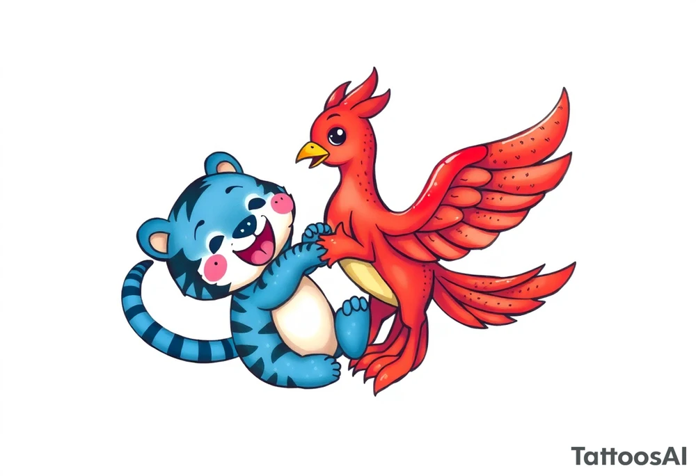 an adorable red phoenix and blue tiger playing together. tattoo idea