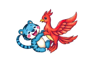 an adorable red phoenix and blue tiger playing together. tattoo idea