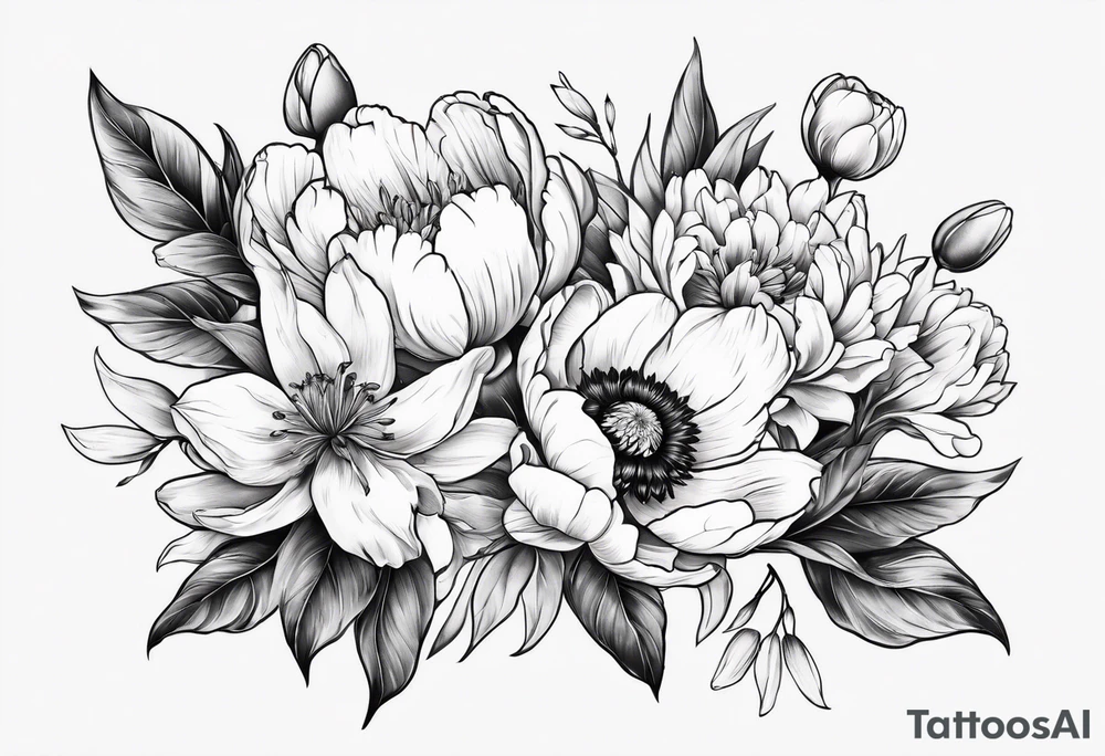 Peony, tulip, sunflower, cherry blossom and Lily bouquet tattoo idea