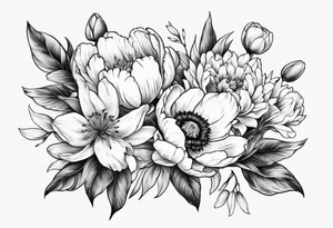 Peony, tulip, sunflower, cherry blossom and Lily bouquet tattoo idea