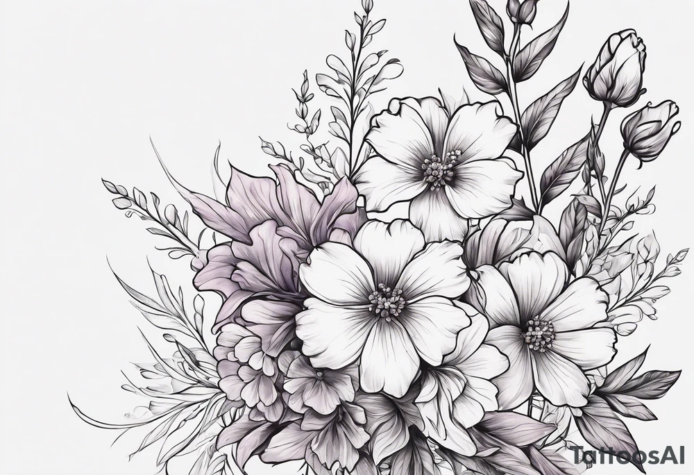 Simple Tattoo of a floral Bouquet with larkspur with stem, carnation with stem, violet, with stem, daisy with stem tattoo idea