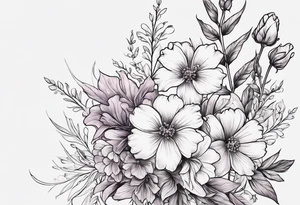 Simple Tattoo of a floral Bouquet with larkspur with stem, carnation with stem, violet, with stem, daisy with stem tattoo idea