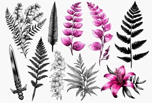 Sword fern, trilium flowers and fushia flowers tattoo idea