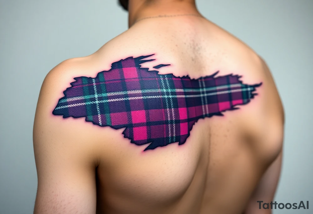 Dark Purple with green pink blue and white highlights tartan fabric on bicep with skin shedding away to reveal tartan underneath tattoo idea
