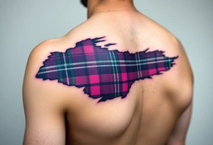 Dark Purple with green pink blue and white highlights tartan fabric on bicep with skin shedding away to reveal tartan underneath tattoo idea