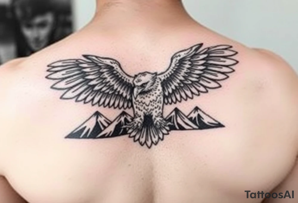majestic eagle spreading wings against mountain peaks tattoo idea