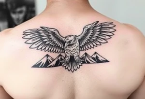 majestic eagle spreading wings against mountain peaks tattoo idea