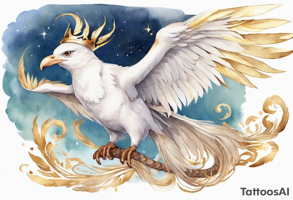 a watercolor of a white bird-serpent hybrid wearing a plain crown, with light gold wing feathers, flying in the sky tattoo idea