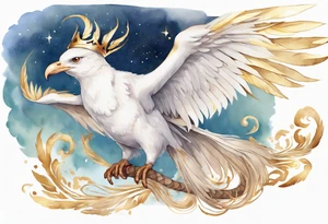 a watercolor of a white bird-serpent hybrid wearing a plain crown, with light gold wing feathers, flying in the sky tattoo idea