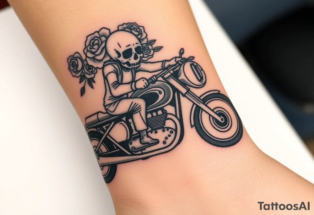 create an decorated "day of the dead skull" with roses who is riding a Triumph motorcycle tattoo idea