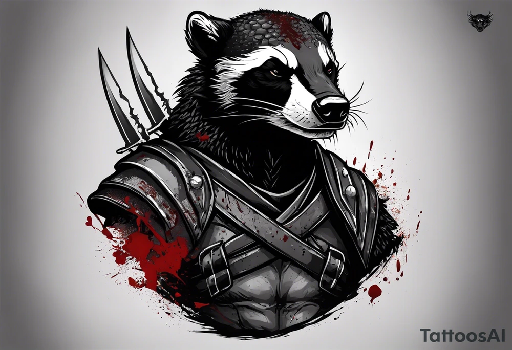 Draw me psychopath Honey Badger/Berserker with aggressive full body, killer face with a scary smile, very long nails and he attacks like a Bloody Assassin/Warrior/Gladiator to us and also, he has very deadly looking. He fights with his nails. Everybody scares after their first sight. Give me horror type Badger Tattoo. I want to see his Realistic full body. tattoo idea