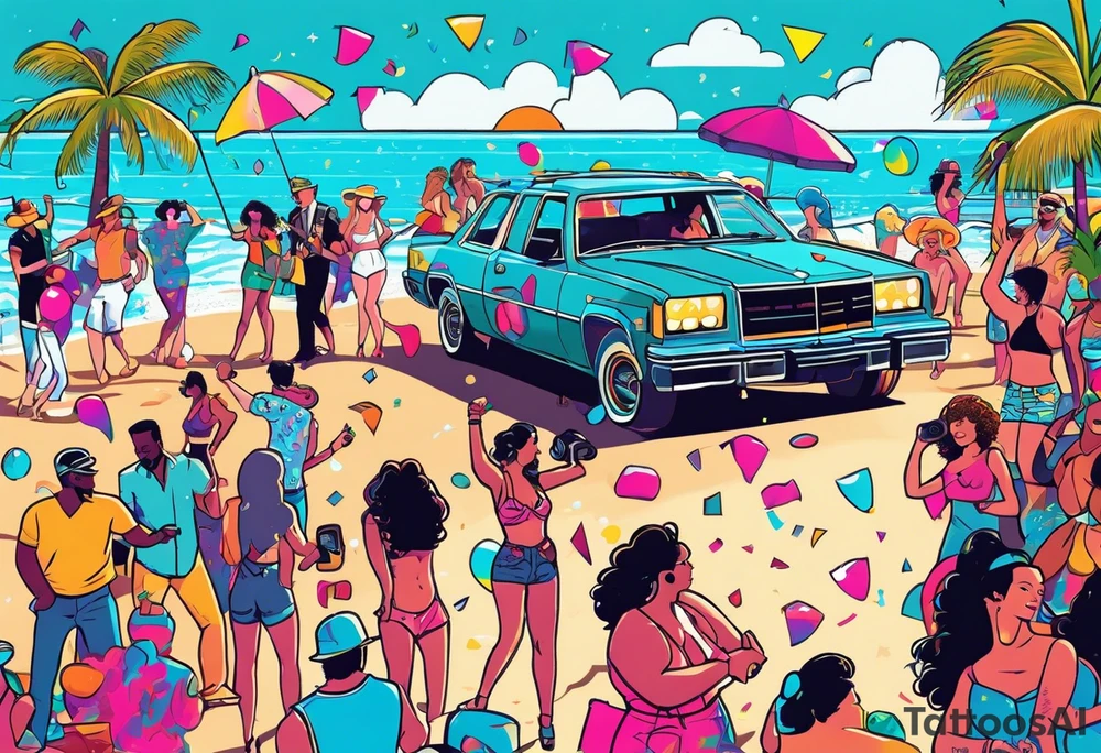 1980's style dance party with boom box and confetti in a beach theme. include people in 80's miami beach clothes, music note. Do not include cars tattoo idea