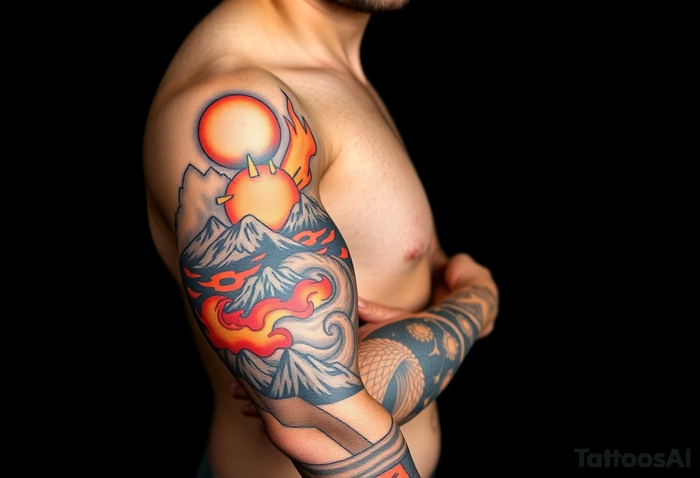 turtle sleeve with mountains, fire, water, air tattoo idea