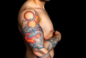 turtle sleeve with mountains, fire, water, air tattoo idea