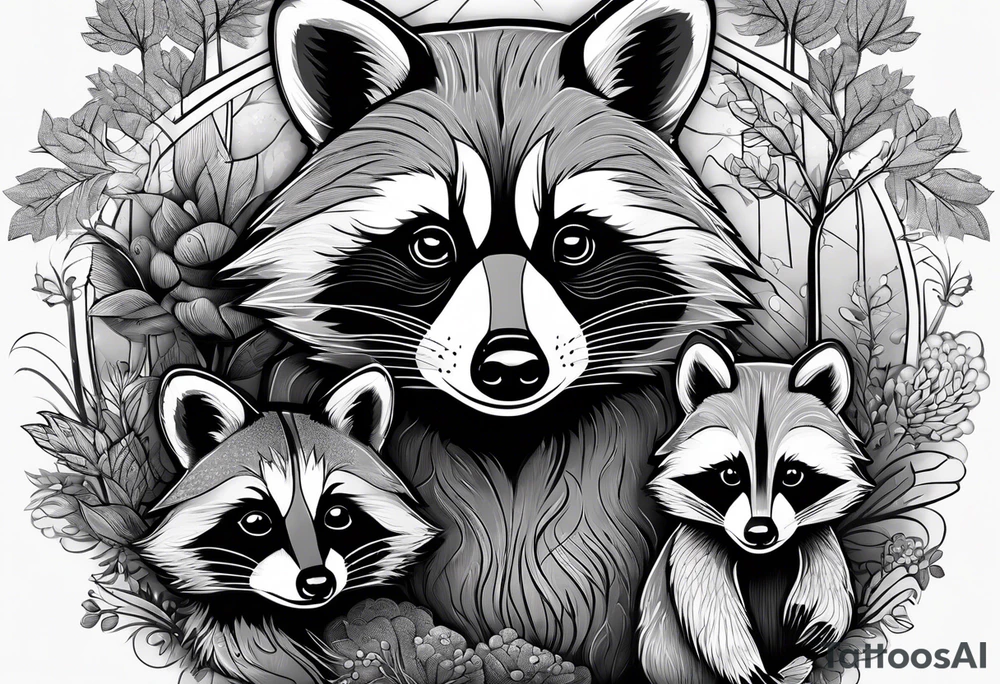 Very detailed Raccoon Husband with wife and child.
Background modern House between woods tattoo idea