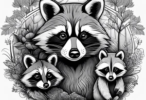 Very detailed Raccoon Husband with wife and child.
Background modern House between woods tattoo idea