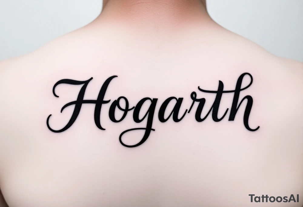 Hogarth in calligraphy style lettering thin with like cursive writing in the middle of my back at the top just under my neck tattoo idea