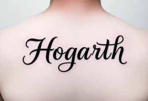 Hogarth in calligraphy style lettering thin with like cursive writing in the middle of my back at the top just under my neck tattoo idea