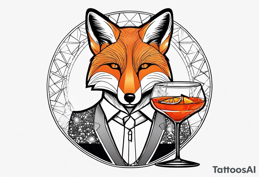 Adult male fox with one Negroni in short lowball cocktail glass with ice and orange peel with disco background tattoo idea