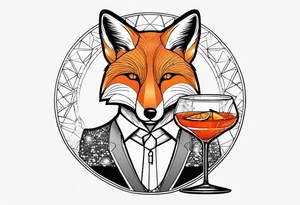 Adult male fox with one Negroni in short lowball cocktail glass with ice and orange peel with disco background tattoo idea