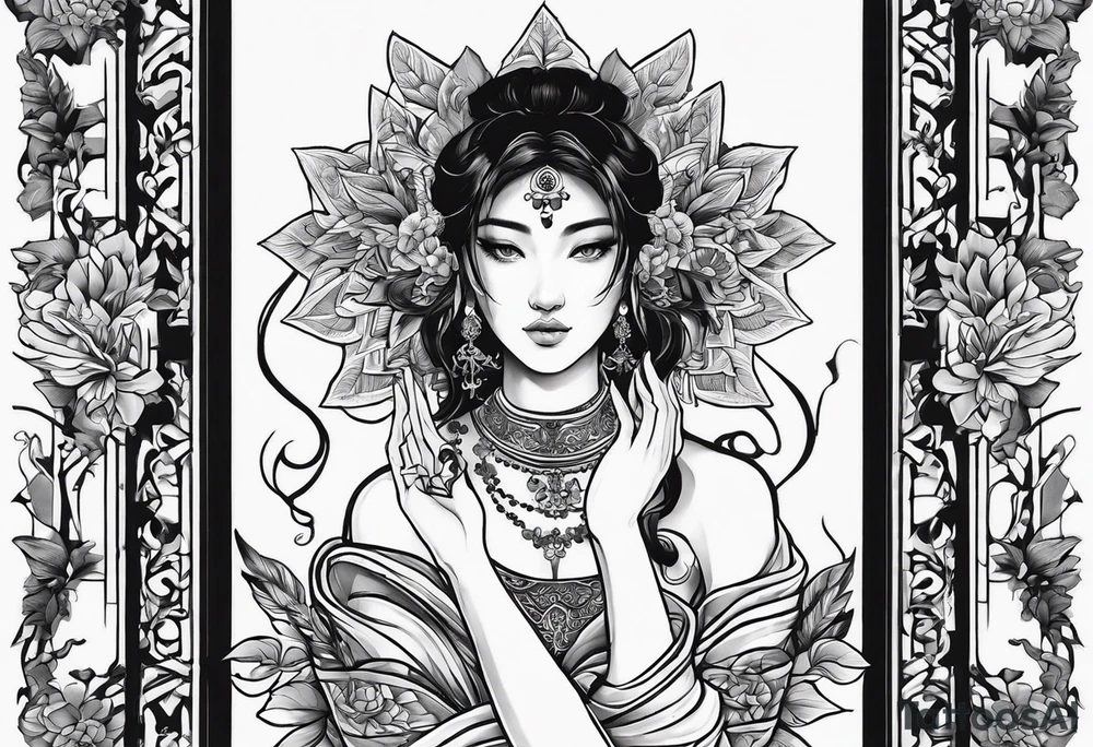 I want a fine line, feminine but very powerful tattoo. I want it to feel oriental and decorative. I want the image to portray a powerful story from the Bible. I want the tattoo to look peaceful and glowy tattoo idea