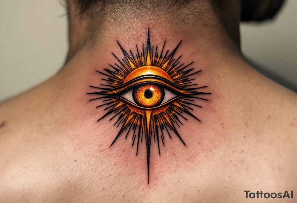 A crimson and gold Eye of Ra shining with fierce solar power, surrounded by subtle rays. tattoo idea