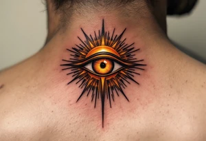 A crimson and gold Eye of Ra shining with fierce solar power, surrounded by subtle rays. tattoo idea