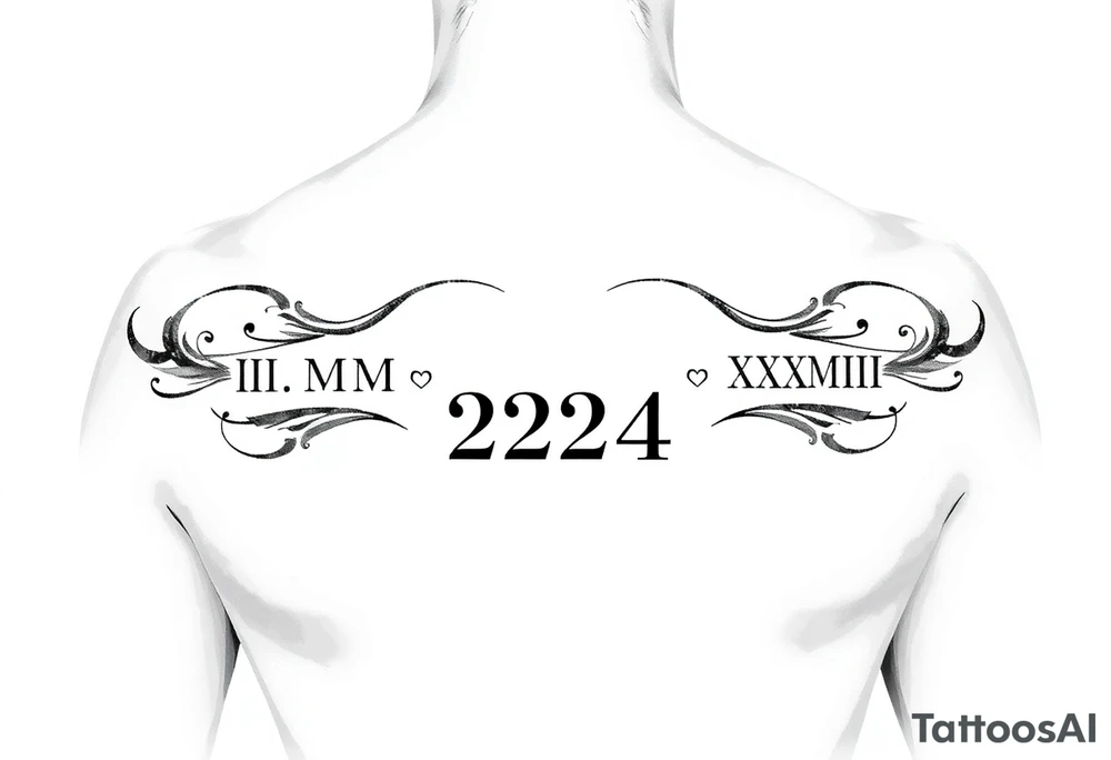 Create tattoo design with equal representation of both Roman numeral dates (IX.IX.MM and II.XXV.MMIII) in a balanced and symmetrical layout, along with the number 224. Let me know if you’d like any modifications! tattoo idea