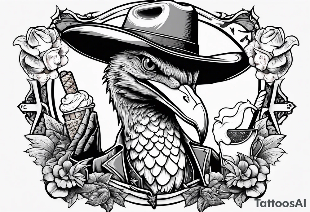 Pterodactyl wearing a cowboy hat eating ice cream sundae tattoo idea
