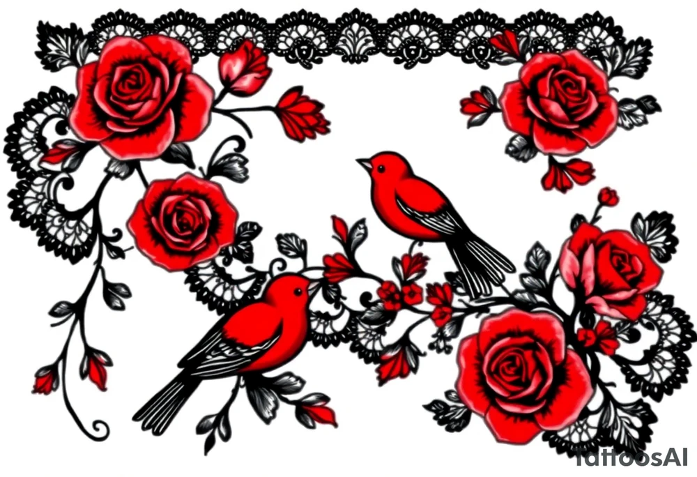 Vintage black lace, red roses, red birds, vintage, wrap around, tighter together, no space open tattoo idea