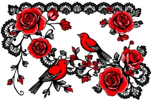 Vintage black lace, red roses, red birds, vintage, wrap around, tighter together, no space open tattoo idea