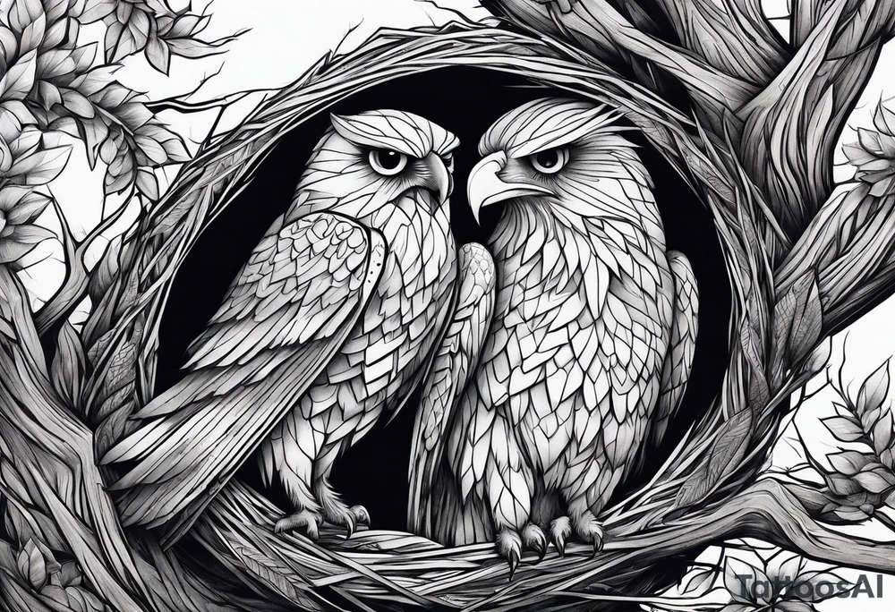 Owl, raven, eagle cuddled in a nest, birdseye view tattoo idea