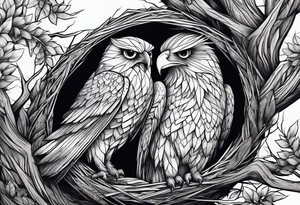 Owl, raven, eagle cuddled in a nest, birdseye view tattoo idea