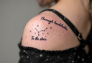 A soft gray script of “Through hardships To the stars” stretches beneath a pale lavender constellation on the shoulder blade. tattoo idea