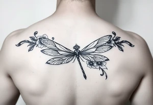 Tattoo  ecrit 'dinna fash'. style celtique linge noir fin avec fleur ecossai et dragonfly. position du tattoo main vers le pouce allonger tattoo idea