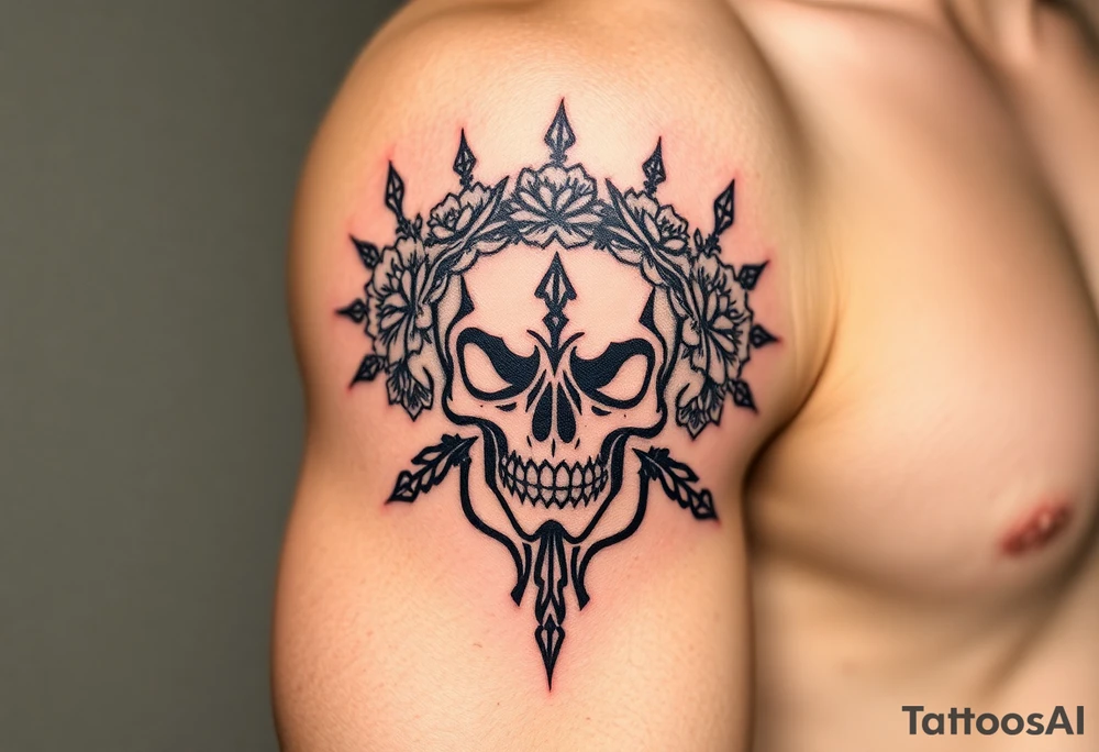 ornate skull adorned with crown of wild roses and thorns tattoo idea