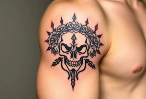 ornate skull adorned with crown of wild roses and thorns tattoo idea