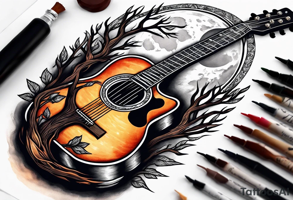 design moon tree campfire guitar playing tattoo idea
