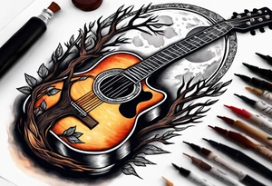 design moon tree campfire guitar playing tattoo idea