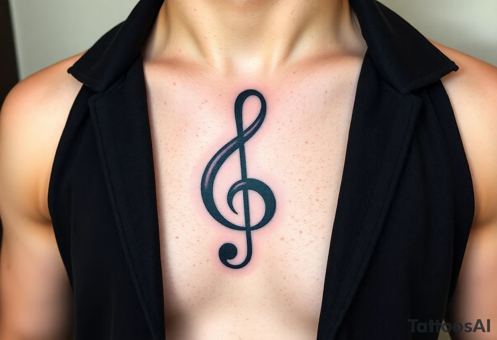 A geometric treble clef with sharp lines, made from bold black ink and accented with geometric shapes in gold tattoo idea