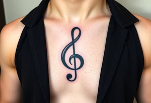 A geometric treble clef with sharp lines, made from bold black ink and accented with geometric shapes in gold tattoo idea