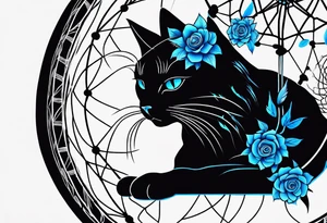 Black cat entwined in a elegant dream catcher that has flowers an long flowing feathers on dream catcher. Black cat eyes in neon blue an small neon blue detail in catcher tattoo idea