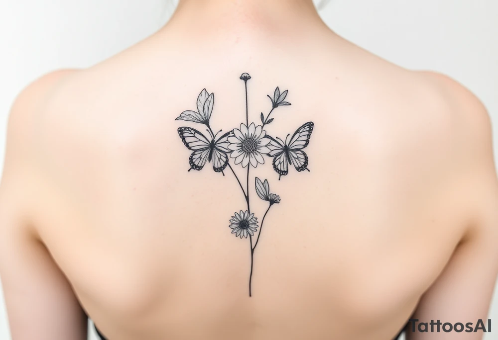 Water lily, honeysuckle, narcissus, violet and a daisy on top of vertical line

Small butterflies tattoo idea