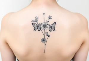 Water lily, honeysuckle, narcissus, violet and a daisy on top of vertical line

Small butterflies tattoo idea