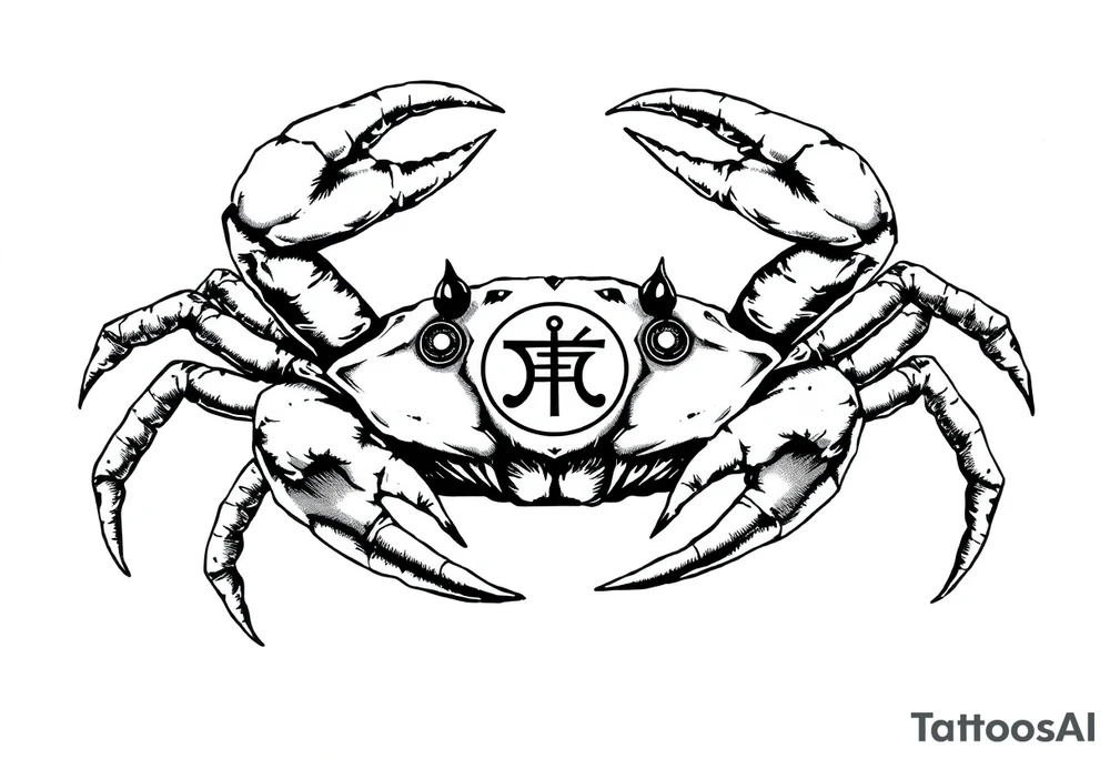 A crab with a defensive pose with an unnatural face its claws scary with a zodiac symbol prominent and has extra long legs and big etes tattoo idea